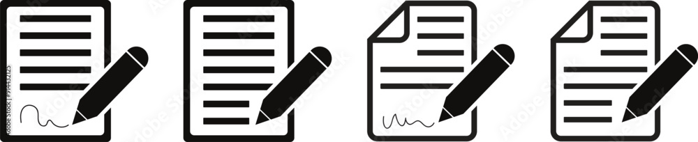 Aufkleber set of pen signing contract, notebook signing, document with pen, signature vector symbol, form sign