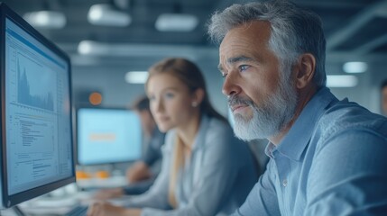 A focused group of professionals analyzing data on computer screens in a modern office environment, highlighting collaboration and technology in business