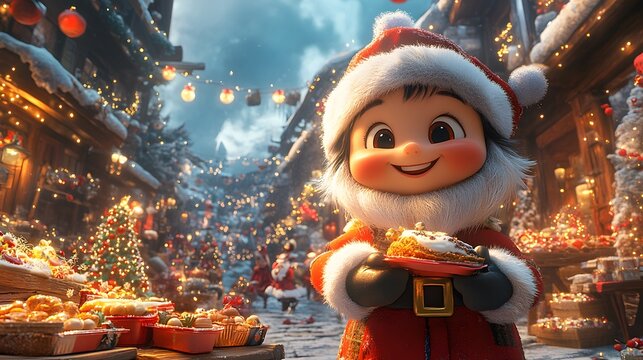 Whimsical New Year Day celebration with animated characters enjoying festive foods games and cheerful atmosphere