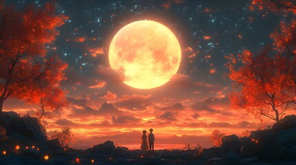 Cozy Mid-Autumn Festival with animated characters enjoying mooncakes and watching the full moon