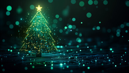 Christmas poster with christmas cyber tree consists of glowing pixels and many wires and neural networks in electronic technology style. New year, merry christmas congratulations card in cyber design.