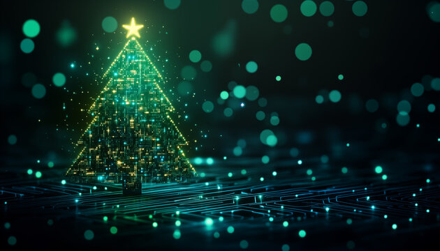 Christmas poster with christmas cyber tree consists of glowing pixels and many wires and neural networks in electronic technology style. New year, merry christmas congratulations card in cyber design.