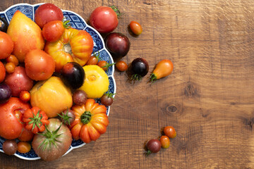 Many garden tomatoes in different colors, shapes and varieties on a blue rustic plate on a wooden table. Tomatoe composition with space for text.