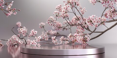 empty podium for product display, silver background, cherry blossoms