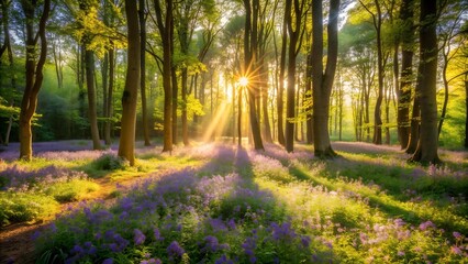 Obraz premium Golden Hour Glow in the Sunlit Forest Generative AI