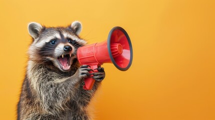 Fototapeta premium Racoon Holding Megaphone on Yellow Background.