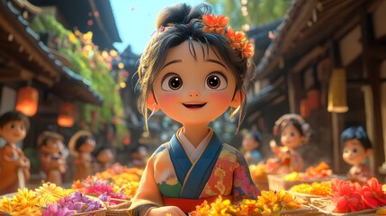 Charming Tanabata festival scene with animated characters making colorful decorations and enjoying traditional foods