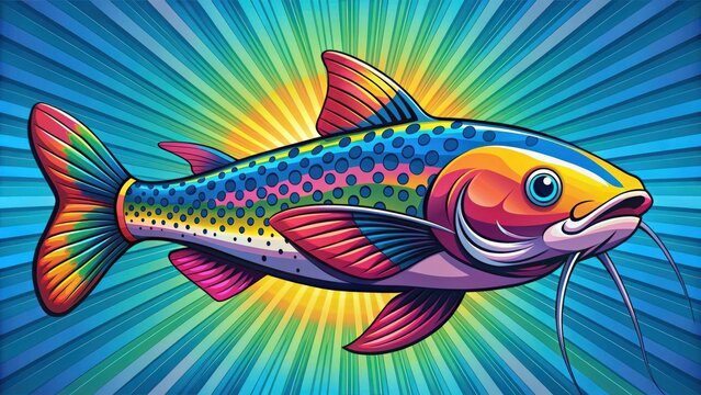 Colorful pop art of a catfish swimming in a vibrant, graphic style, pop art, catfish, vibrant, colorful,graphic