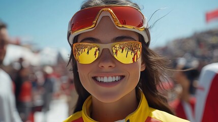 Woman wearing sunglasses with yellow frames and white goggles