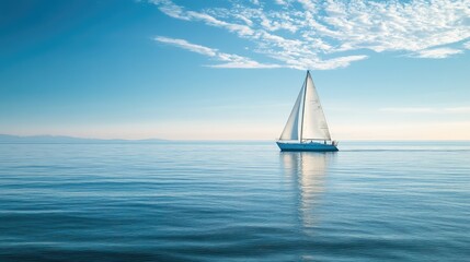 Fototapeta premium A lone sailboat on a calm sea, symbolizing freedom and solitude, providing a serene and inspiring background with ample copy space.