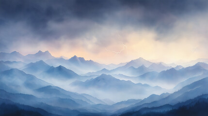 Fototapeta premium The mountains are covered in a thick layer of fog, creating a serene