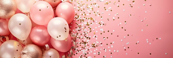 birthday balloons, confetti, ribbons, pink, gold, copy space