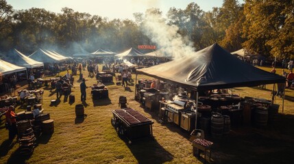 Crowds gather at a bustling barbecue festival in a park, enjoying food from multiple stalls under canopies on a sunny afternoon.