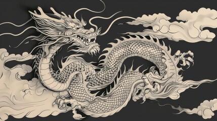 Delicate line art of a Chinese dragon, Chinese dragon, subtle and refined