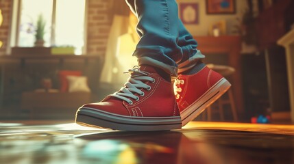 Fototapeta premium A Young Person Wearing Bright Red Sneakers Inside a Cozy Living Room During Late Afternoon