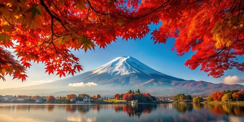 Autumn in Japan with vibrant red maple leaves contrasting against majestic Mt. Fuji , Travel, Japan, autumn