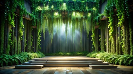 A Stage of Verdant Dreams: Lush, Foliage-Draped Stage with a Naturalistic Twist  AI generated