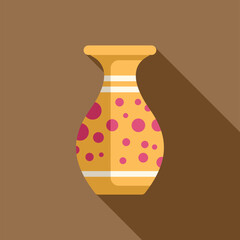 Yellow ceramic vase with pink polka dots is standing in front of a brown background, casting a long shadow