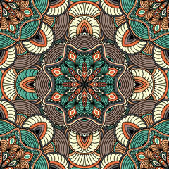Bohemian Green Orange Traditional Ornamental Floral Paisley Bandanna Mandala. Carpet or Wallpaper, Shawl or Pillow Design, Cushion or Curtains Vector Seamless Pattern