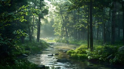 Obraz premium Peaceful Natural Landscape with Lush Forest and Gently Flowing River at Dawn or Dusk