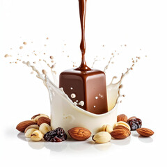 Floating of long solid dark chocolate in big swirl of pure milk