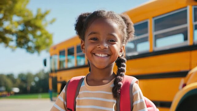 Back to school concept with smiling black girl with backpack near yellow bus on sunny day