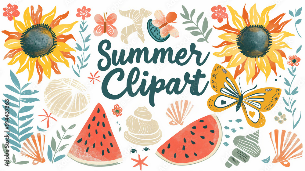 Wall mural summer-themed clipart with sunflowers, watermelon, and sea shells on white background.