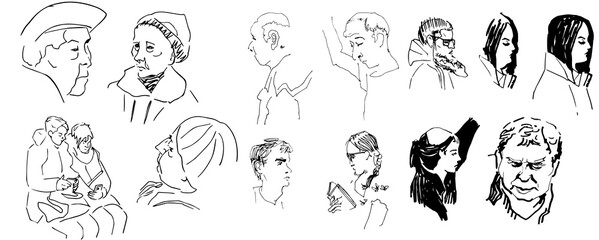 Set Clip art Line portraits sketch people different ege old young overweight ink stain caricature cartoon drawing face profile anfas full face head sitting figure old man glass aged woman lady hat