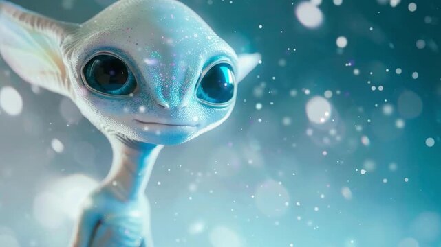 Cute alien with big eyes looking at camera over shiny blue background, copy space