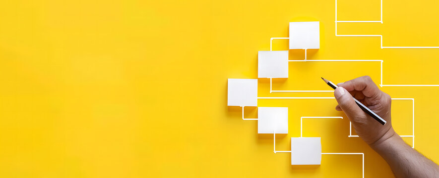 Business process and workflow automation with flowchart. Hand-holding wooden cube block arranging processing management on a yellow background design