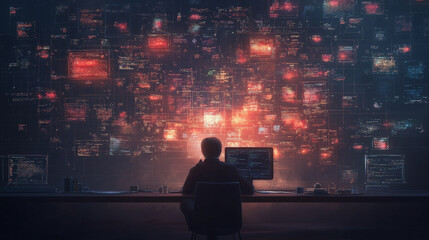 Fototapeta premium A man is sitting in front of a computer monitor