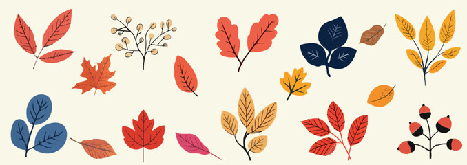Hand drawn autumn leaf and berries collection. Set featuring various colorful leaves and berries in a warm and cozy fall palette on a light background. Fall season. 