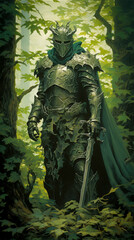 Fototapeta premium Medieval knight in dark armor holding a sword standing in a lush green enchanted forest evoking a fantasy adventure