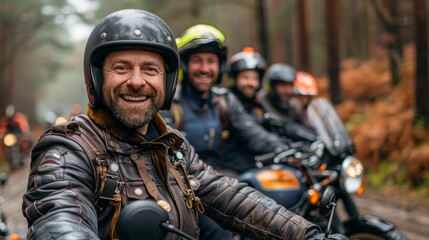 Obraz premium Cheerful motorcyclists in fashionable leather jackets enjoying a lively outdoor gathering