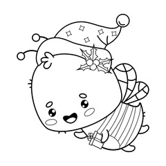 Cute Christmas bee in Santa hat with gift. Outline cartoon kawaii insect character. Line drawing, coloring book. Vector illustration. Festive Kids collection