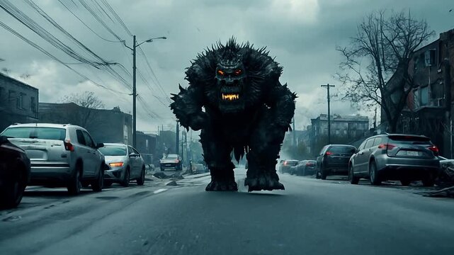 A large monstrosity made of stone walks powerfully along a road in an apocalyptic setting .