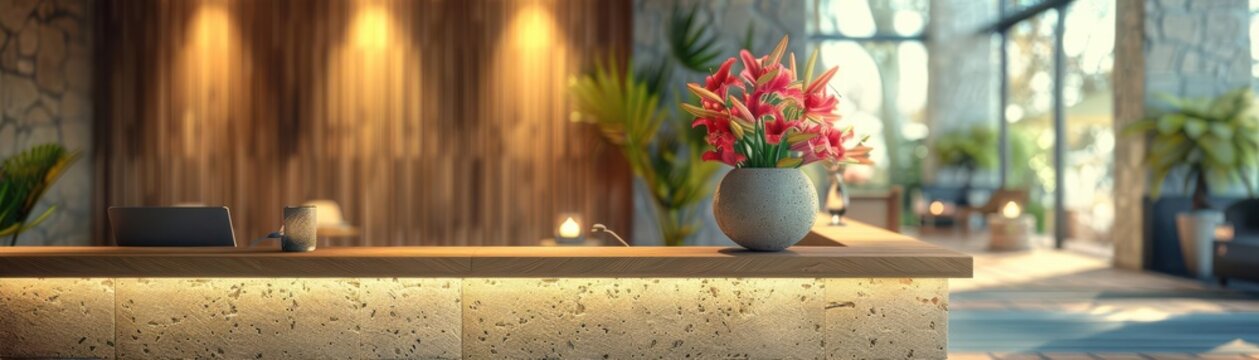 Hotel front desk with a welcoming atmosphere, close up, dynamic, overlay, cozy setting backdrop