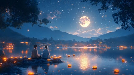 Whimsical Japanese Moon Festival with animated characters enjoying mooncakes tea and admiring the full moon
