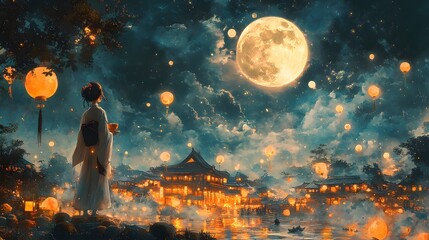 Whimsical Japanese Moon Festival with animated characters enjoying mooncakes tea and admiring the full moon