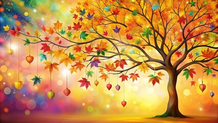 Colorful tree with hanging branches filled with multicolor leaves background, floral, abstract, vibrant, tree, nature