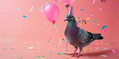  happy pigeon party hat, balloons, confetti, solid background, copy space  © Brian