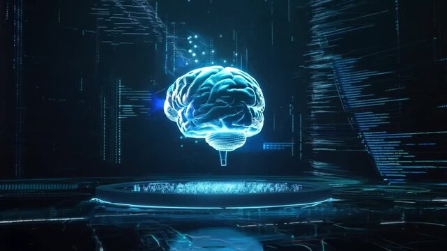 Glowing blue brain hologram rotating on dark background with digital data in cyberspace