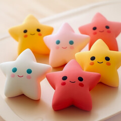 Adorable collection of colorful star-shaped toys with smiling faces arranged on a light surface radiating a cheerful and playful vibe
