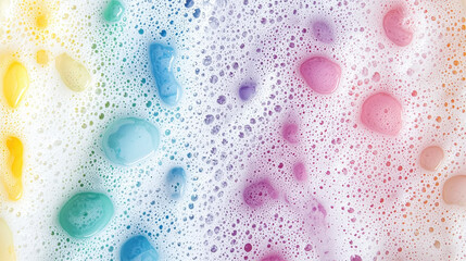 Colorful soap foam with vibrant bubbles on white surface