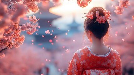 Magical Cherry Blossom viewing with animated characters enjoying traditional performances and sakura petals falling