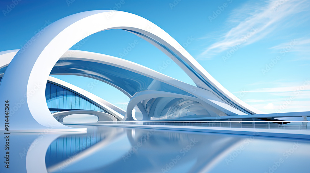 Aufkleber Abstract architecture scene with smooth curves. Abstract background with futuristic building in white and blue colors.