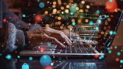 A person uses their laptop to shop online. A shopping cart icon floats over the keyboard, symbolizing the ease and convenience of online purchases. The festive lights in the background create a cheerf