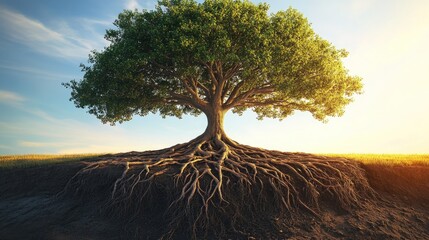 A tree with roots and branches intertwined, representing growth and stability, perfect for a natural and inspiring visual with ample copy space.