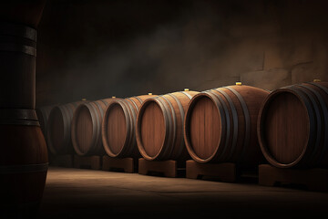 A row of barrels are lined up in a dark room