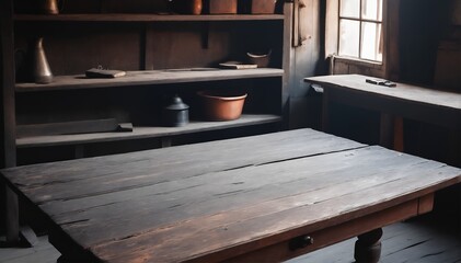 Sunlight shining on table in museum, old wooden house interior